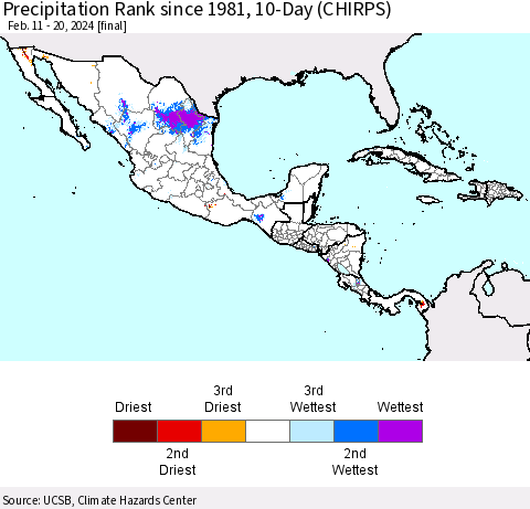 Mexico Central America and the Caribbean Precipitation Rank since 1981, 10-Day (CHIRPS) Thematic Map For 2/11/2024 - 2/20/2024