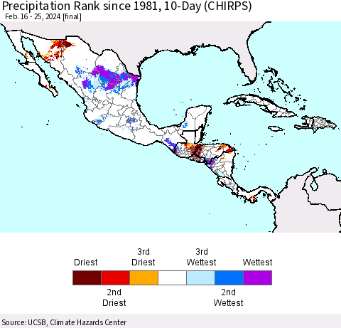 Mexico Central America and the Caribbean Precipitation Rank since 1981, 10-Day (CHIRPS) Thematic Map For 2/16/2024 - 2/25/2024