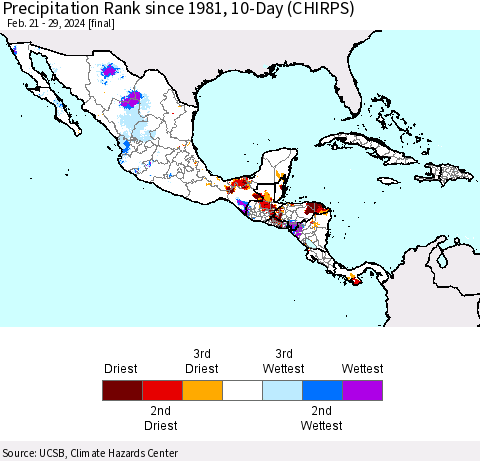 Mexico Central America and the Caribbean Precipitation Rank since 1981, 10-Day (CHIRPS) Thematic Map For 2/21/2024 - 2/29/2024