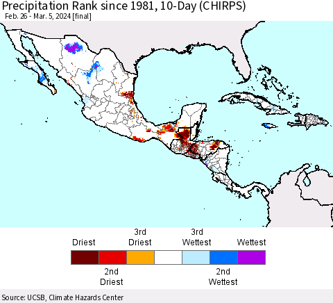 Mexico Central America and the Caribbean Precipitation Rank since 1981, 10-Day (CHIRPS) Thematic Map For 2/26/2024 - 3/5/2024