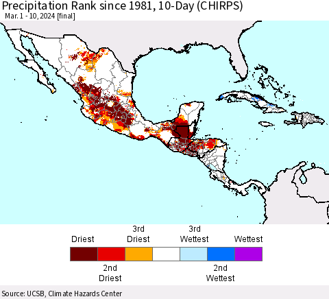 Mexico Central America and the Caribbean Precipitation Rank since 1981, 10-Day (CHIRPS) Thematic Map For 3/1/2024 - 3/10/2024