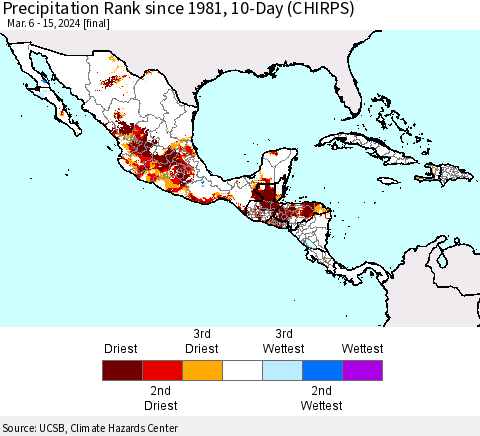 Mexico Central America and the Caribbean Precipitation Rank since 1981, 10-Day (CHIRPS) Thematic Map For 3/6/2024 - 3/15/2024
