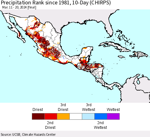 Mexico Central America and the Caribbean Precipitation Rank since 1981, 10-Day (CHIRPS) Thematic Map For 3/11/2024 - 3/20/2024