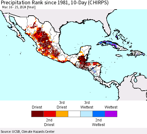 Mexico Central America and the Caribbean Precipitation Rank since 1981, 10-Day (CHIRPS) Thematic Map For 3/16/2024 - 3/25/2024