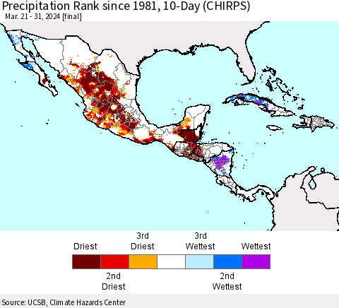 Mexico Central America and the Caribbean Precipitation Rank since 1981, 10-Day (CHIRPS) Thematic Map For 3/21/2024 - 3/31/2024