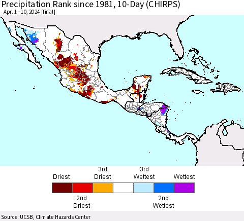 Mexico Central America and the Caribbean Precipitation Rank since 1981, 10-Day (CHIRPS) Thematic Map For 4/1/2024 - 4/10/2024