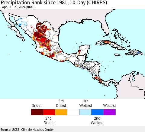 Mexico Central America and the Caribbean Precipitation Rank since 1981, 10-Day (CHIRPS) Thematic Map For 4/11/2024 - 4/20/2024