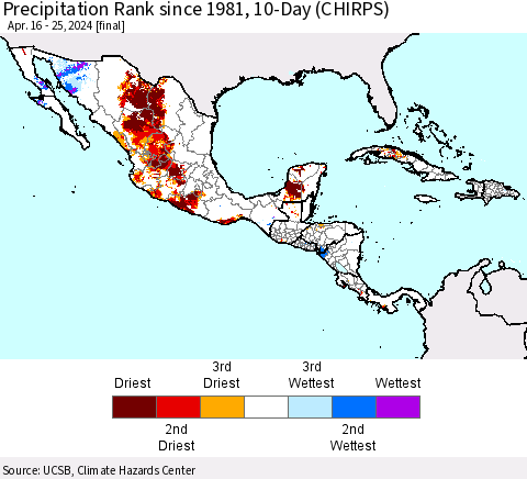 Mexico Central America and the Caribbean Precipitation Rank since 1981, 10-Day (CHIRPS) Thematic Map For 4/16/2024 - 4/25/2024