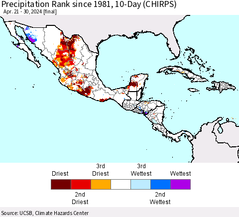 Mexico Central America and the Caribbean Precipitation Rank since 1981, 10-Day (CHIRPS) Thematic Map For 4/21/2024 - 4/30/2024