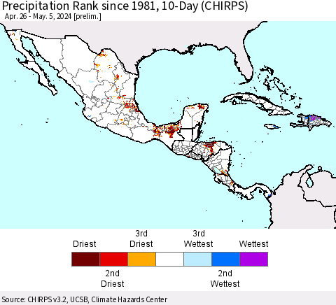Mexico Central America and the Caribbean Precipitation Rank since 1981, 10-Day (CHIRPS) Thematic Map For 4/26/2024 - 5/5/2024