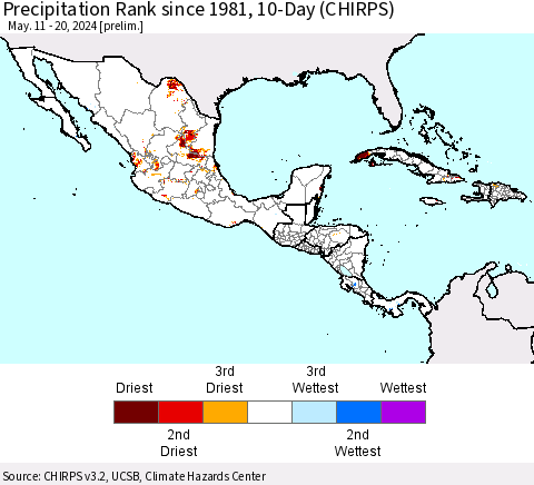 Mexico Central America and the Caribbean Precipitation Rank since 1981, 10-Day (CHIRPS) Thematic Map For 5/11/2024 - 5/20/2024