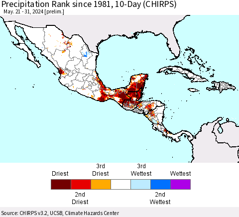 Mexico Central America and the Caribbean Precipitation Rank since 1981, 10-Day (CHIRPS) Thematic Map For 5/21/2024 - 5/31/2024