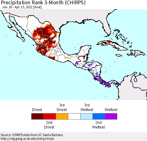 Mexico Central America and the Caribbean Precipitation Rank since 1981, 3-Month (CHIRPS) Thematic Map For 1/16/2021 - 4/15/2021