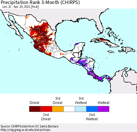 Mexico Central America and the Caribbean Precipitation Rank since 1981, 3-Month (CHIRPS) Thematic Map For 1/21/2021 - 4/20/2021