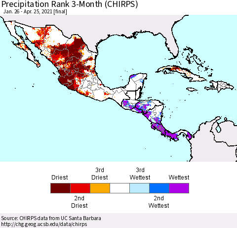 Mexico Central America and the Caribbean Precipitation Rank since 1981, 3-Month (CHIRPS) Thematic Map For 1/26/2021 - 4/25/2021