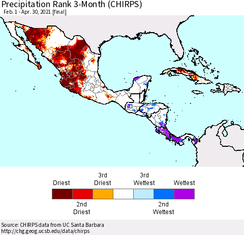 Mexico Central America and the Caribbean Precipitation Rank since 1981, 3-Month (CHIRPS) Thematic Map For 2/1/2021 - 4/30/2021