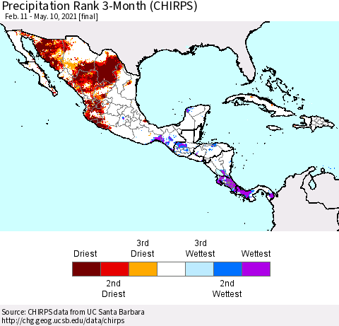 Mexico Central America and the Caribbean Precipitation Rank since 1981, 3-Month (CHIRPS) Thematic Map For 2/11/2021 - 5/10/2021
