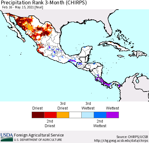Mexico Central America and the Caribbean Precipitation Rank since 1981, 3-Month (CHIRPS) Thematic Map For 2/16/2021 - 5/15/2021