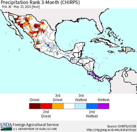 Mexico Central America and the Caribbean Precipitation Rank since 1981, 3-Month (CHIRPS) Thematic Map For 2/26/2021 - 5/25/2021