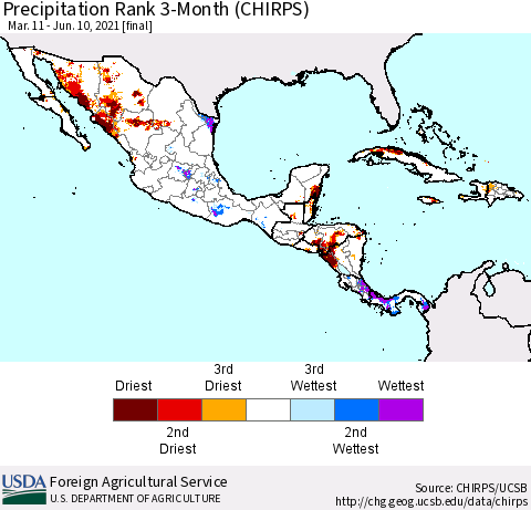 Mexico Central America and the Caribbean Precipitation Rank since 1981, 3-Month (CHIRPS) Thematic Map For 3/11/2021 - 6/10/2021