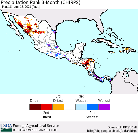 Mexico Central America and the Caribbean Precipitation Rank since 1981, 3-Month (CHIRPS) Thematic Map For 3/16/2021 - 6/15/2021