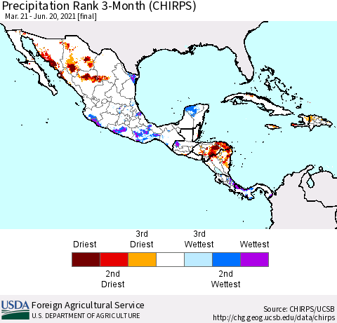 Mexico Central America and the Caribbean Precipitation Rank since 1981, 3-Month (CHIRPS) Thematic Map For 3/21/2021 - 6/20/2021