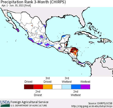 Mexico Central America and the Caribbean Precipitation Rank since 1981, 3-Month (CHIRPS) Thematic Map For 4/1/2021 - 6/30/2021