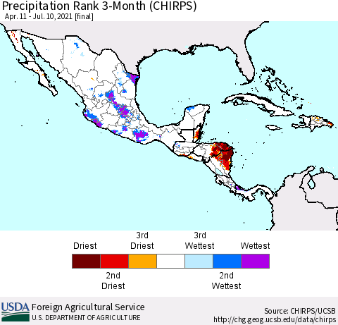 Mexico Central America and the Caribbean Precipitation Rank since 1981, 3-Month (CHIRPS) Thematic Map For 4/11/2021 - 7/10/2021