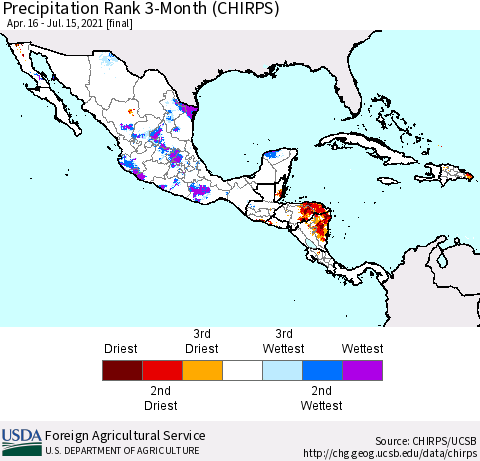 Mexico Central America and the Caribbean Precipitation Rank since 1981, 3-Month (CHIRPS) Thematic Map For 4/16/2021 - 7/15/2021