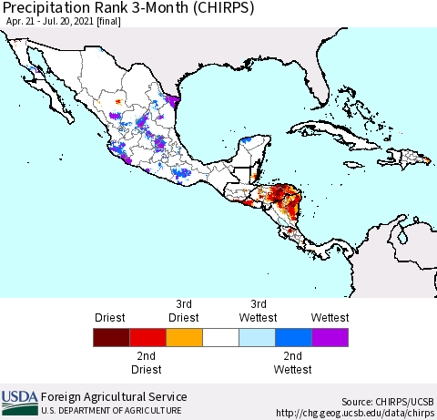 Mexico Central America and the Caribbean Precipitation Rank since 1981, 3-Month (CHIRPS) Thematic Map For 4/21/2021 - 7/20/2021