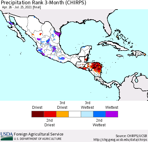 Mexico Central America and the Caribbean Precipitation Rank since 1981, 3-Month (CHIRPS) Thematic Map For 4/26/2021 - 7/25/2021