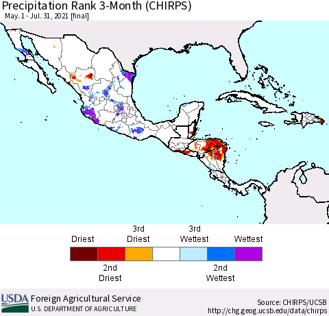Mexico Central America and the Caribbean Precipitation Rank since 1981, 3-Month (CHIRPS) Thematic Map For 5/1/2021 - 7/31/2021