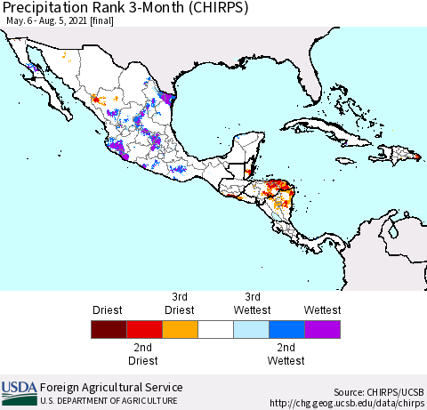 Mexico Central America and the Caribbean Precipitation Rank since 1981, 3-Month (CHIRPS) Thematic Map For 5/6/2021 - 8/5/2021