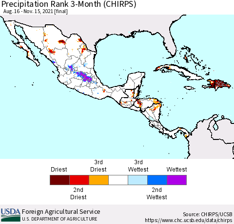 Mexico Central America and the Caribbean Precipitation Rank since 1981, 3-Month (CHIRPS) Thematic Map For 8/16/2021 - 11/15/2021