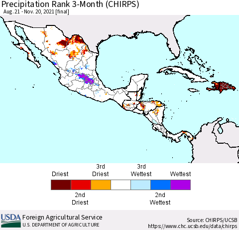 Mexico Central America and the Caribbean Precipitation Rank since 1981, 3-Month (CHIRPS) Thematic Map For 8/21/2021 - 11/20/2021