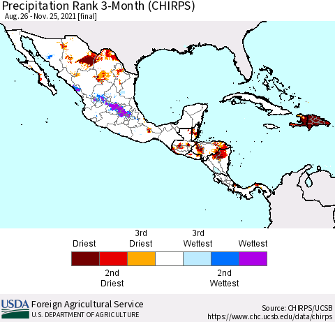 Mexico Central America and the Caribbean Precipitation Rank since 1981, 3-Month (CHIRPS) Thematic Map For 8/26/2021 - 11/25/2021