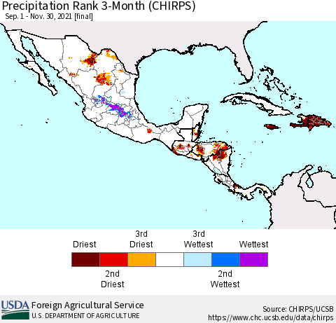 Mexico Central America and the Caribbean Precipitation Rank since 1981, 3-Month (CHIRPS) Thematic Map For 9/1/2021 - 11/30/2021