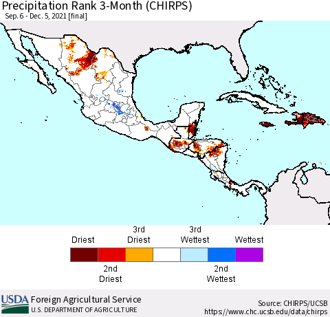 Mexico Central America and the Caribbean Precipitation Rank since 1981, 3-Month (CHIRPS) Thematic Map For 9/6/2021 - 12/5/2021