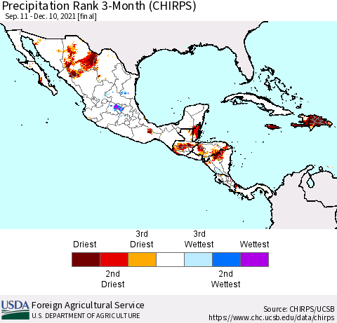 Mexico Central America and the Caribbean Precipitation Rank since 1981, 3-Month (CHIRPS) Thematic Map For 9/11/2021 - 12/10/2021