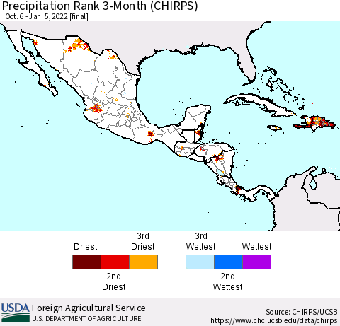 Mexico Central America and the Caribbean Precipitation Rank since 1981, 3-Month (CHIRPS) Thematic Map For 10/6/2021 - 1/5/2022