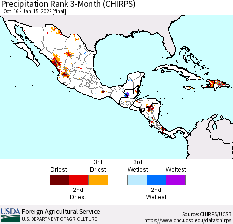 Mexico Central America and the Caribbean Precipitation Rank since 1981, 3-Month (CHIRPS) Thematic Map For 10/16/2021 - 1/15/2022