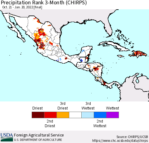 Mexico Central America and the Caribbean Precipitation Rank since 1981, 3-Month (CHIRPS) Thematic Map For 10/21/2021 - 1/20/2022