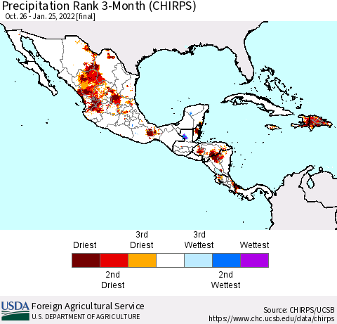 Mexico Central America and the Caribbean Precipitation Rank since 1981, 3-Month (CHIRPS) Thematic Map For 10/26/2021 - 1/25/2022