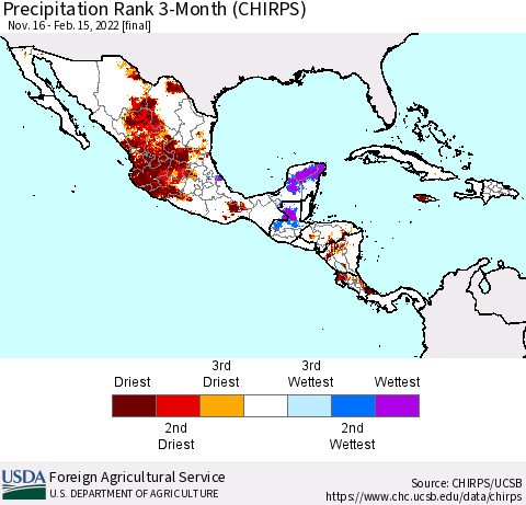 Mexico Central America and the Caribbean Precipitation Rank since 1981, 3-Month (CHIRPS) Thematic Map For 11/16/2021 - 2/15/2022
