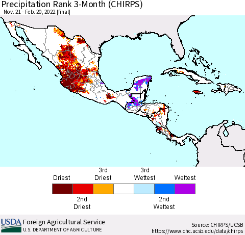 Mexico Central America and the Caribbean Precipitation Rank since 1981, 3-Month (CHIRPS) Thematic Map For 11/21/2021 - 2/20/2022