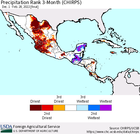 Mexico Central America and the Caribbean Precipitation Rank since 1981, 3-Month (CHIRPS) Thematic Map For 12/1/2021 - 2/28/2022