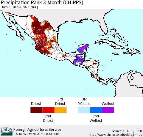 Mexico Central America and the Caribbean Precipitation Rank since 1981, 3-Month (CHIRPS) Thematic Map For 12/6/2021 - 3/5/2022