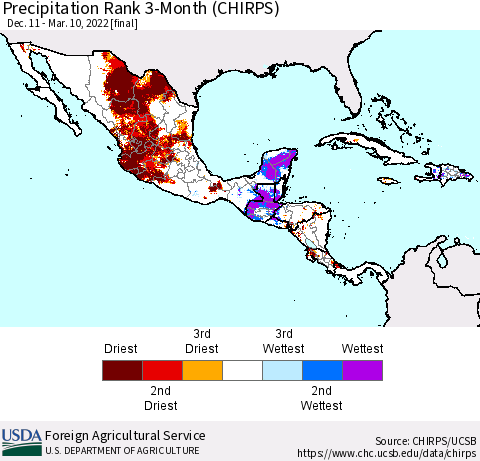 Mexico Central America and the Caribbean Precipitation Rank since 1981, 3-Month (CHIRPS) Thematic Map For 12/11/2021 - 3/10/2022