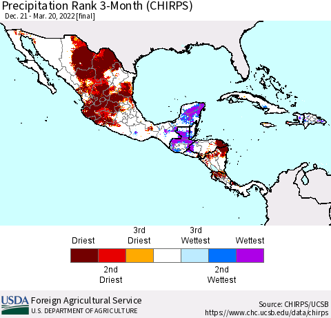 Mexico Central America and the Caribbean Precipitation Rank since 1981, 3-Month (CHIRPS) Thematic Map For 12/21/2021 - 3/20/2022