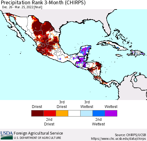 Mexico Central America and the Caribbean Precipitation Rank since 1981, 3-Month (CHIRPS) Thematic Map For 12/26/2021 - 3/25/2022